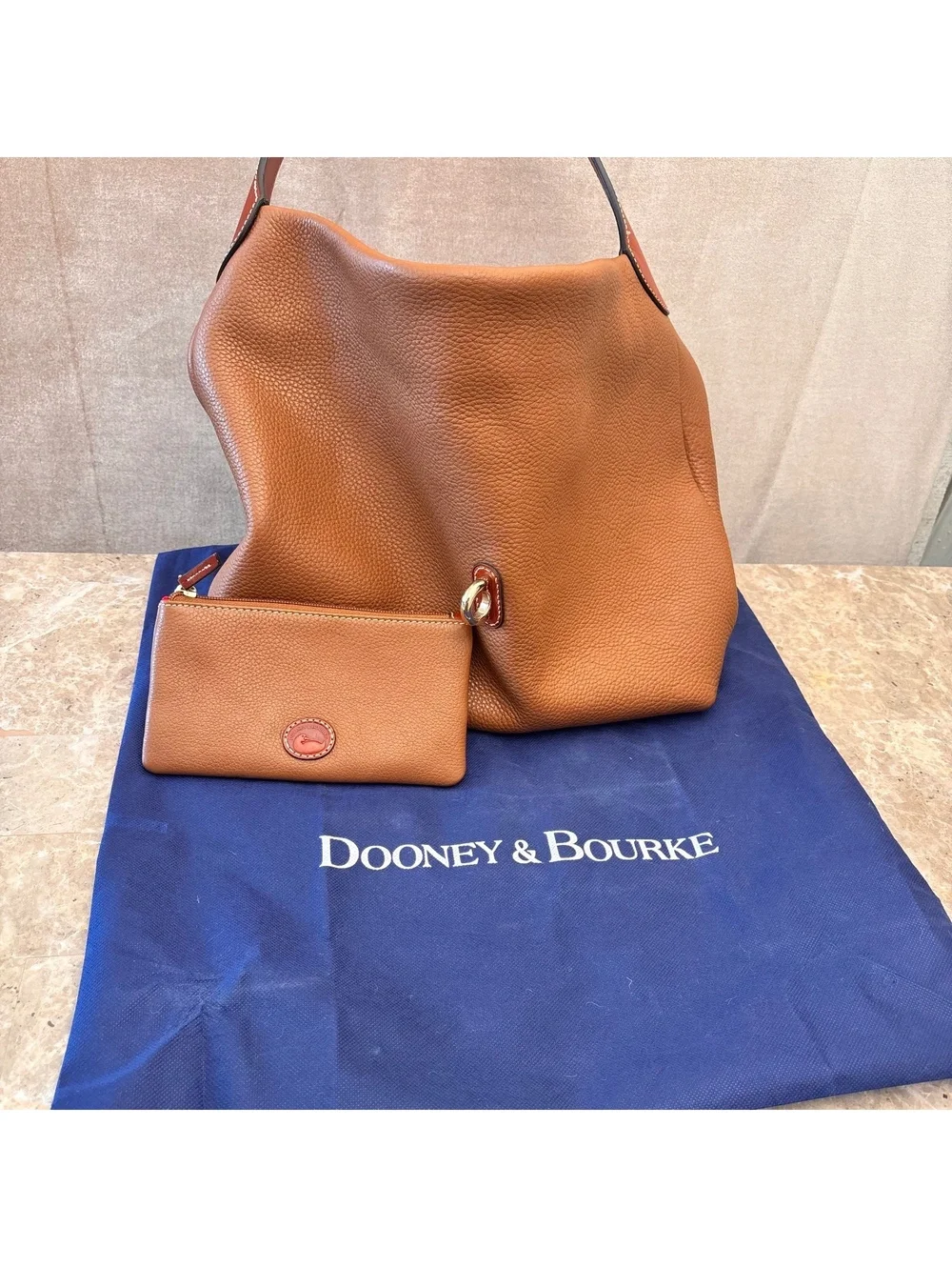 Dooney & Bourke Pebbled Leather Hobo Shoulder Bag with Matching Wristlet - Cognc